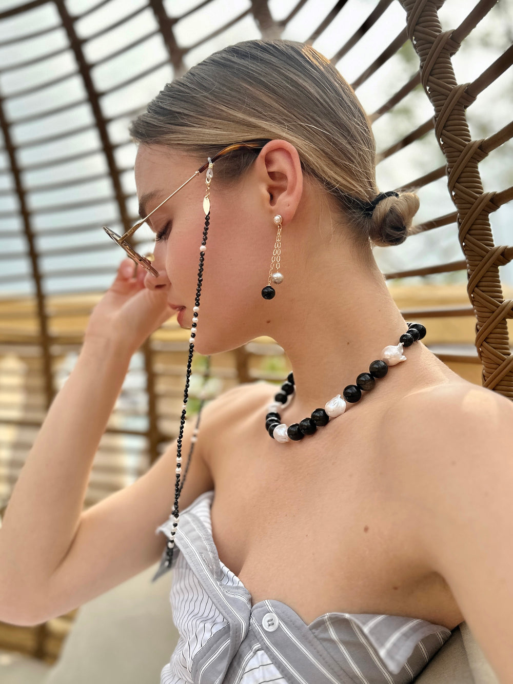 Black Obsidian and Gray Freshwater Pearls Drop Earrings LE044 - FARRA