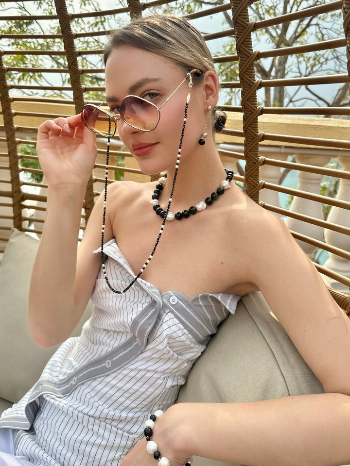 Timeless Nugget Black Obsidian with Baroque Pearls Chunky Necklace LN067 - FARRA