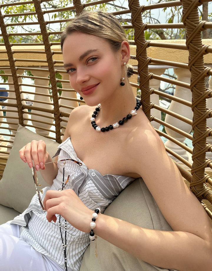 Black Obsidian and Gray Freshwater Pearls Drop Earrings LE044 - FARRA