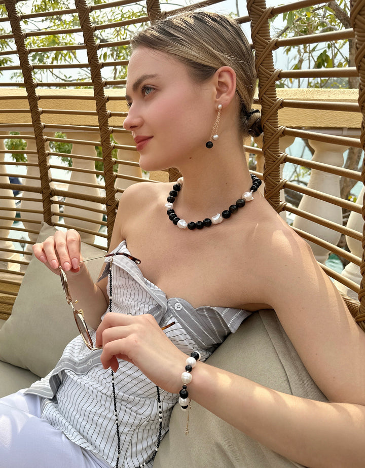 Timeless Nugget Black Obsidian with Baroque Pearls Chunky Necklace LN067 - FARRA