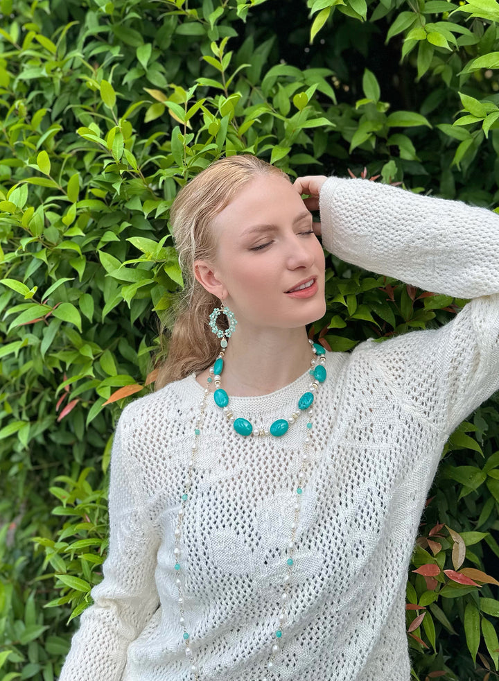 Oval Turquoise & Freshwater Pearls Statement Necklace KN009 - FARRA