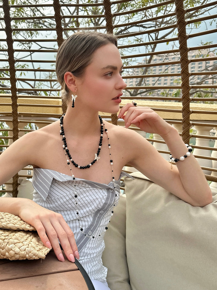 Butterfly Shell with Black Obsidian Statement Earrings LE042 - FARRA