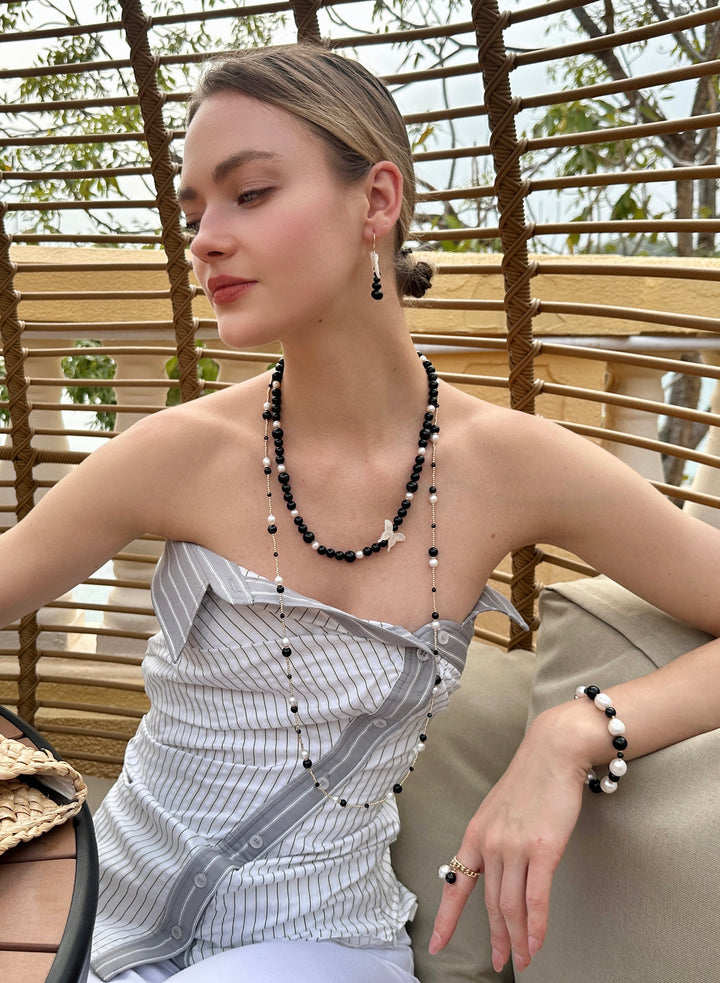Timeless Black Obsidian And White Freshwater Drops Adjustable Ring LR011 - FARRA