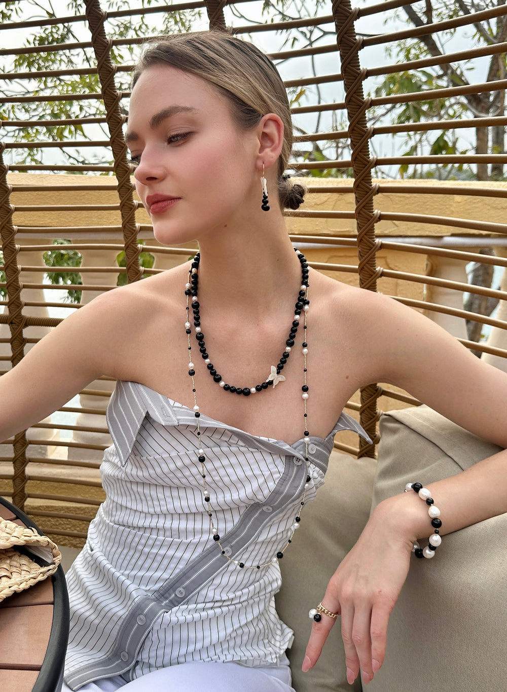 Black Obsidian With Freshwater Pearls Long Necklace LN074 - FARRA