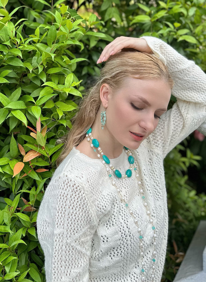 Oval Turquoise & Freshwater Pearls Statement Necklace KN009 - FARRA