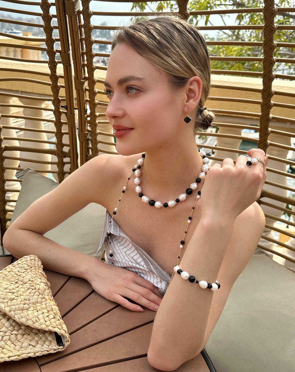 White Baroque Pearls with Black Obsidian Chunky Necklace LN072 - FARRA