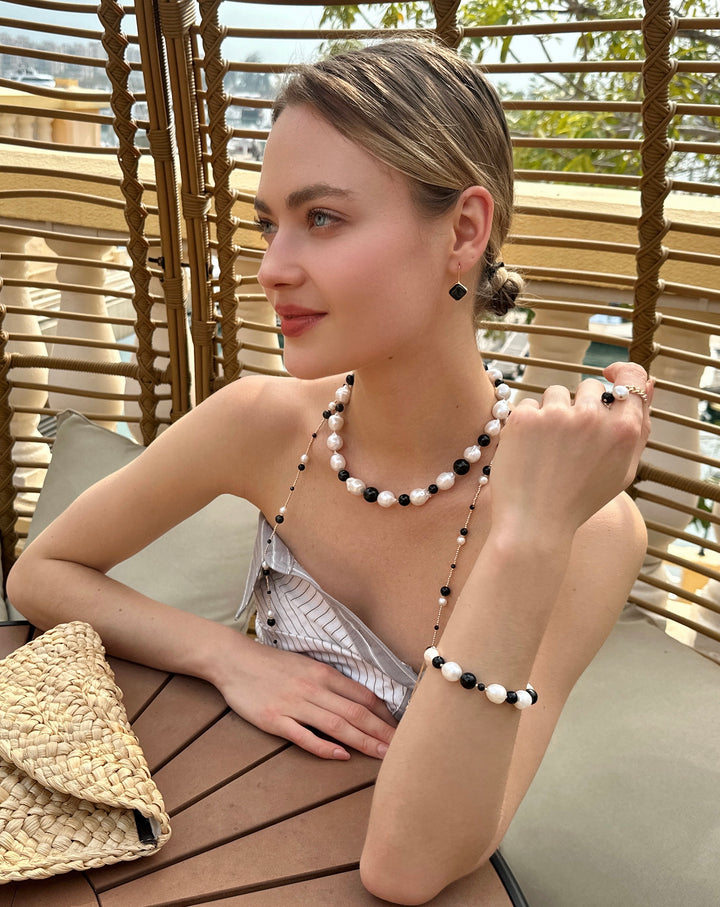 Timeless Black Obsidian And White Freshwater Drops Adjustable Ring LR011 - FARRA