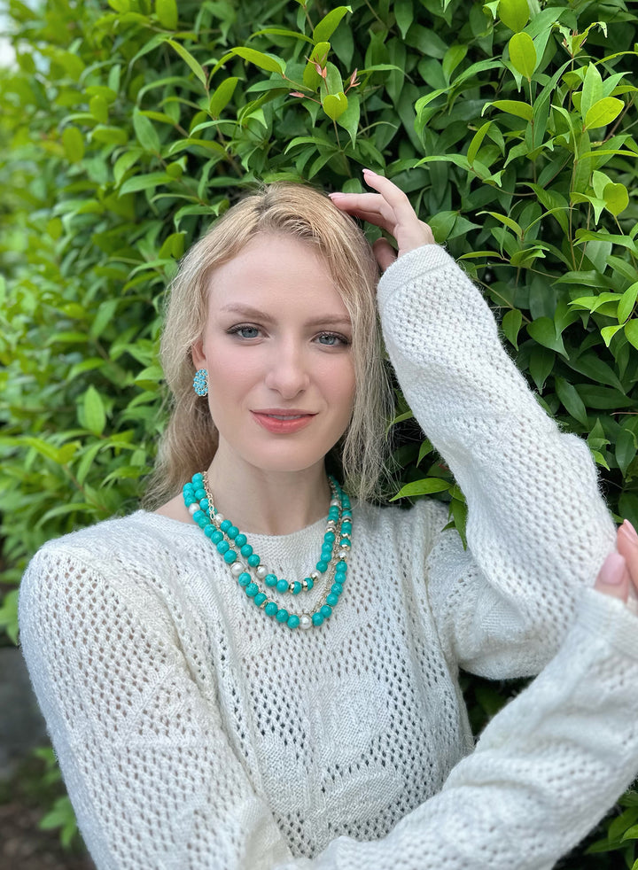 Turquoise & Freshwater Pearls Double Strands Necklace KN015 - FARRA