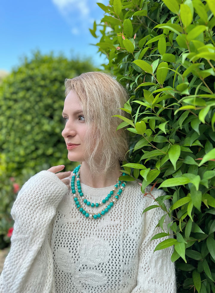 Turquoise & Freshwater Pearls Double Strands Necklace KN015 - FARRA