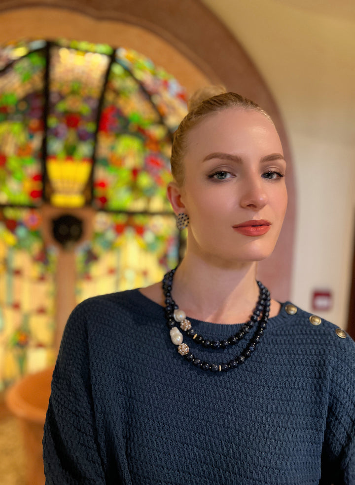 Blue Sodalite With Baroque Pearl And Rhinestones Double Strands Necklace KN019 - FARRA