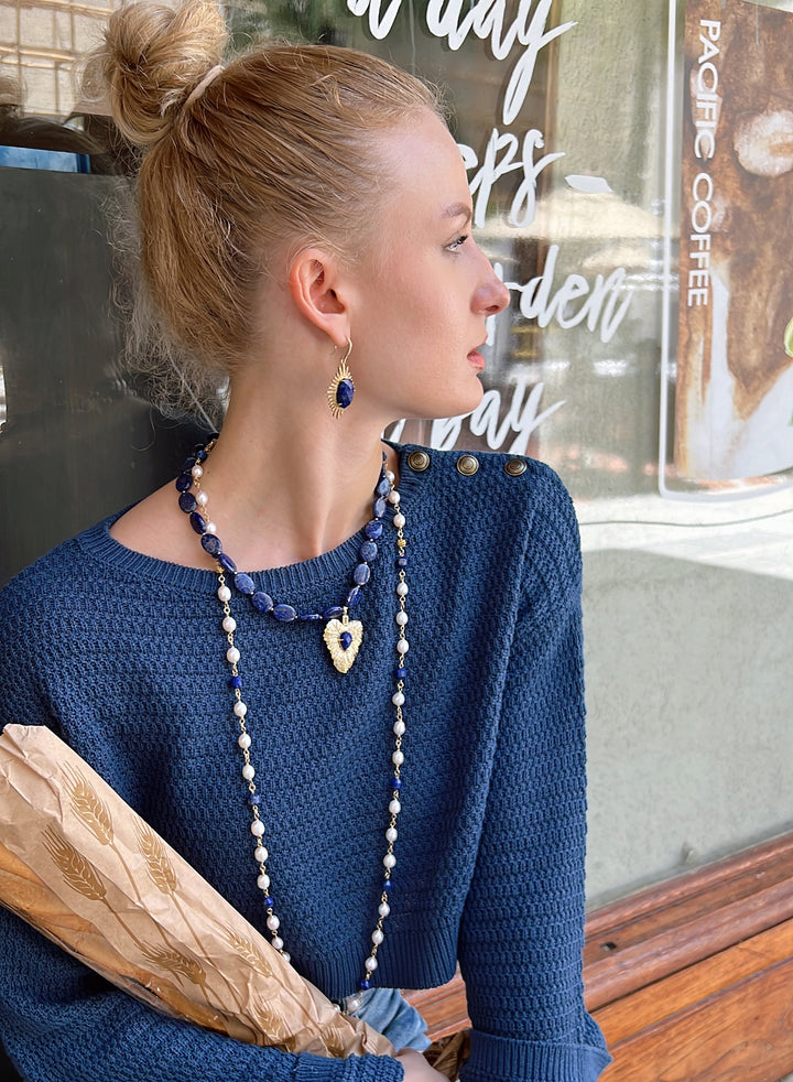 Freshwater Pearls With Lapis Multi-Way Necklace KN021 - FARRA