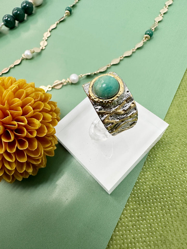 Turquoise Stone Platinum Plated Brass Adjustable Ring LR007