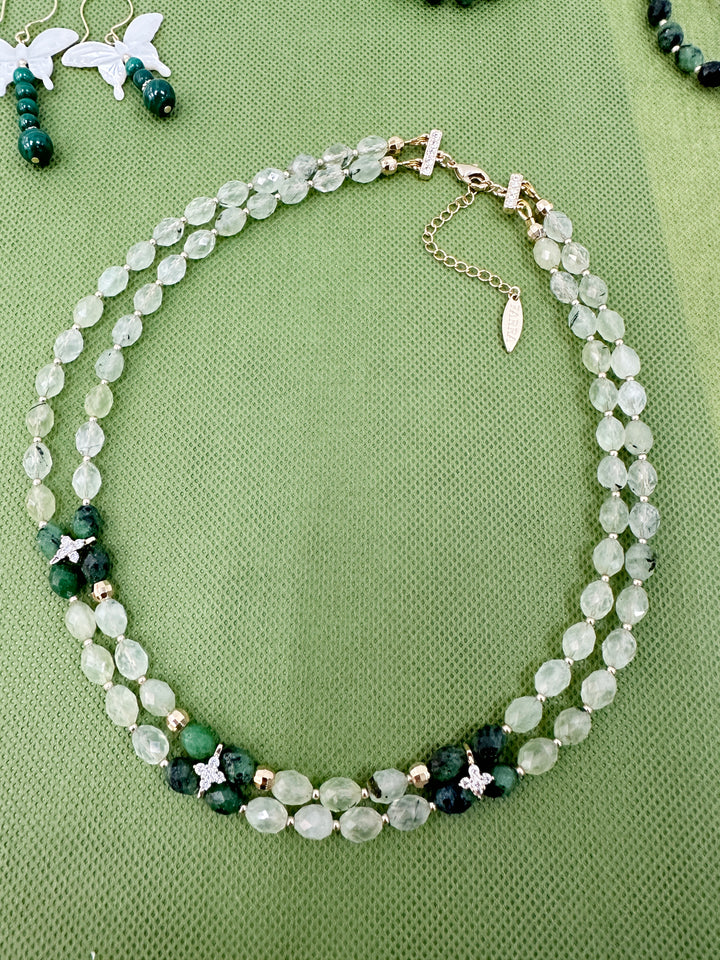 Prehnite with Zircon Stones Double Layers Collar Necklace LN051