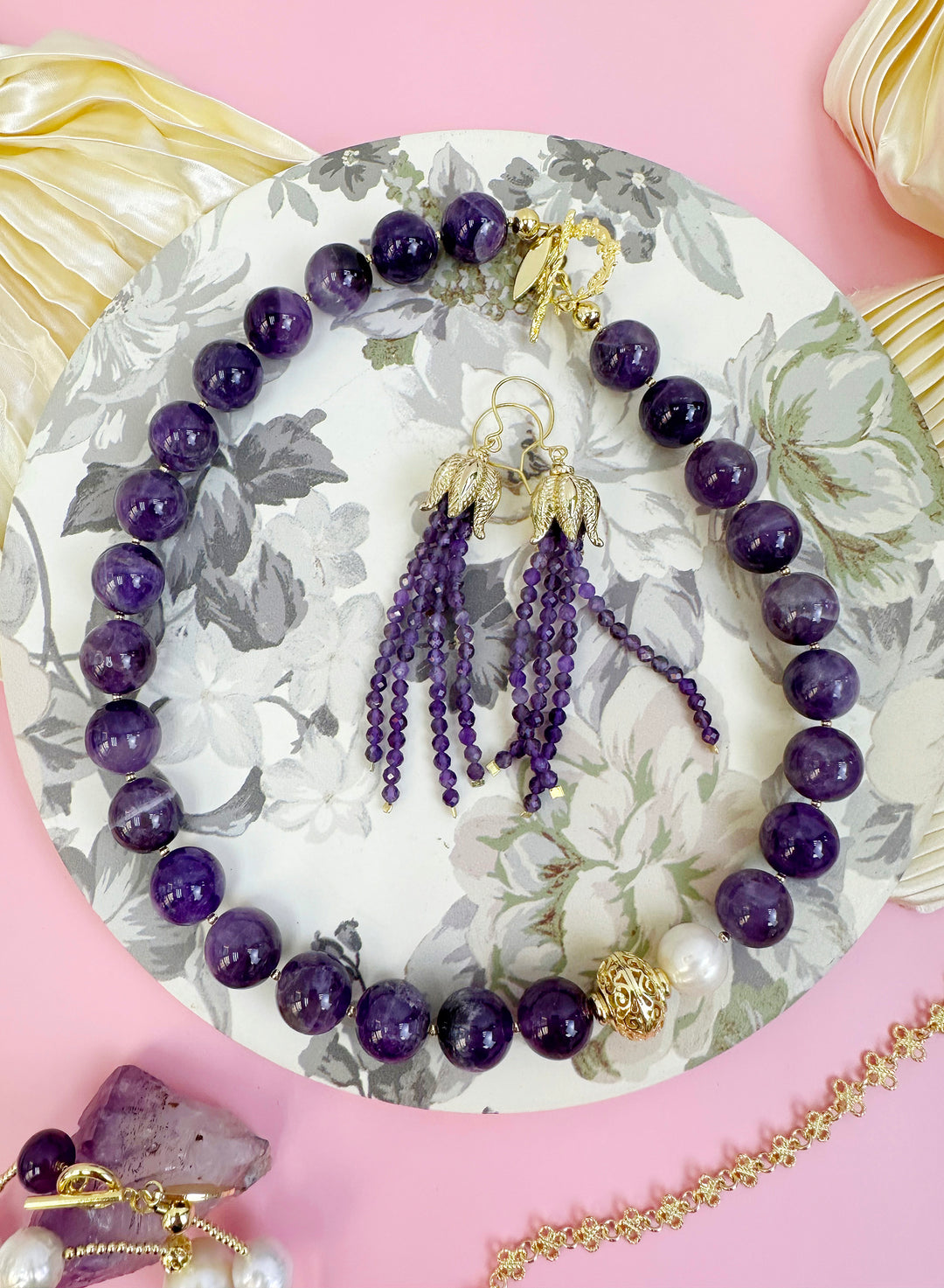 Nugget Amethyst with Baroque Pearls Necklace JN035 - FARRA