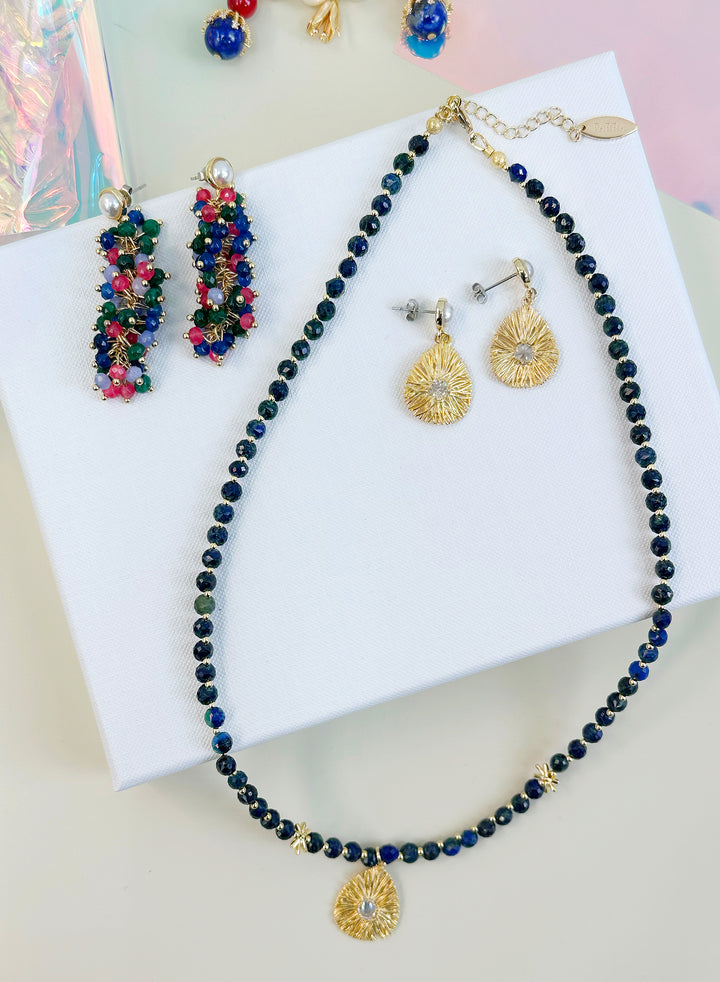 Dainty Lapis with Zircon Inset Pendant Necklace JN024 - FARRA