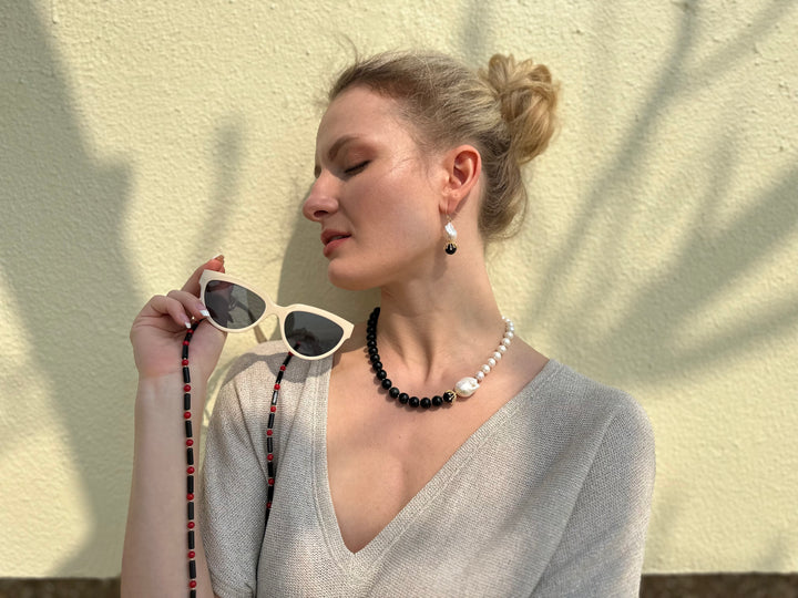 Black Obsidian With Red Coral Multi-Way Sunglasses Chain EC005 - FARRA
