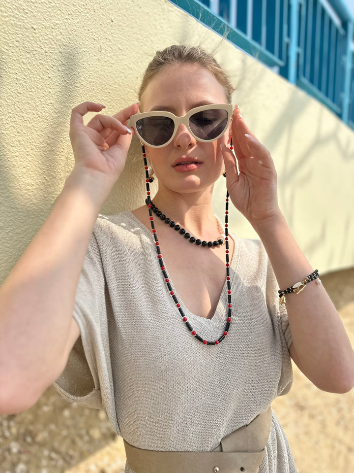 Black Obsidian With Red Coral Multi-Way Sunglasses Chain EC005 - FARRA