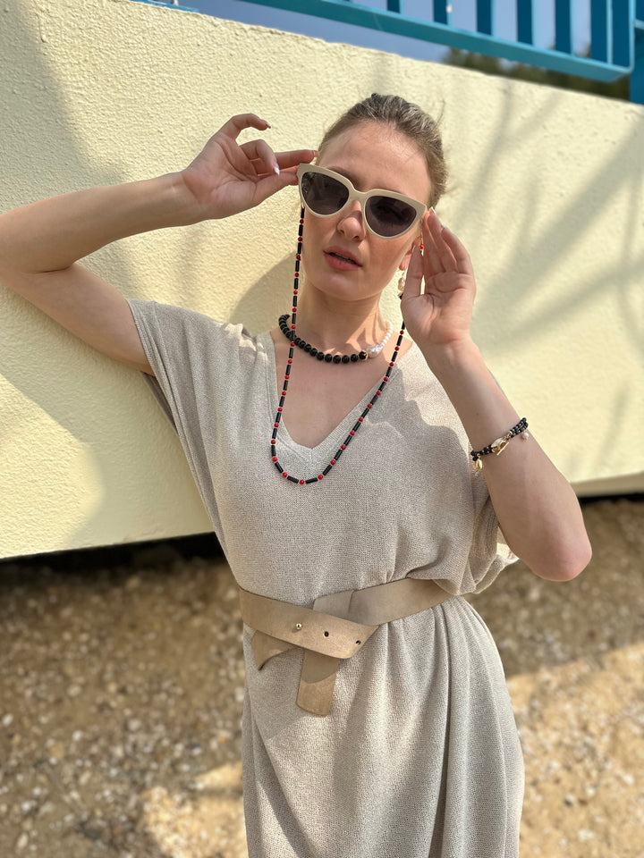 Black Obsidian With Red Coral Multi-Way Sunglasses Chain EC005 - FARRA