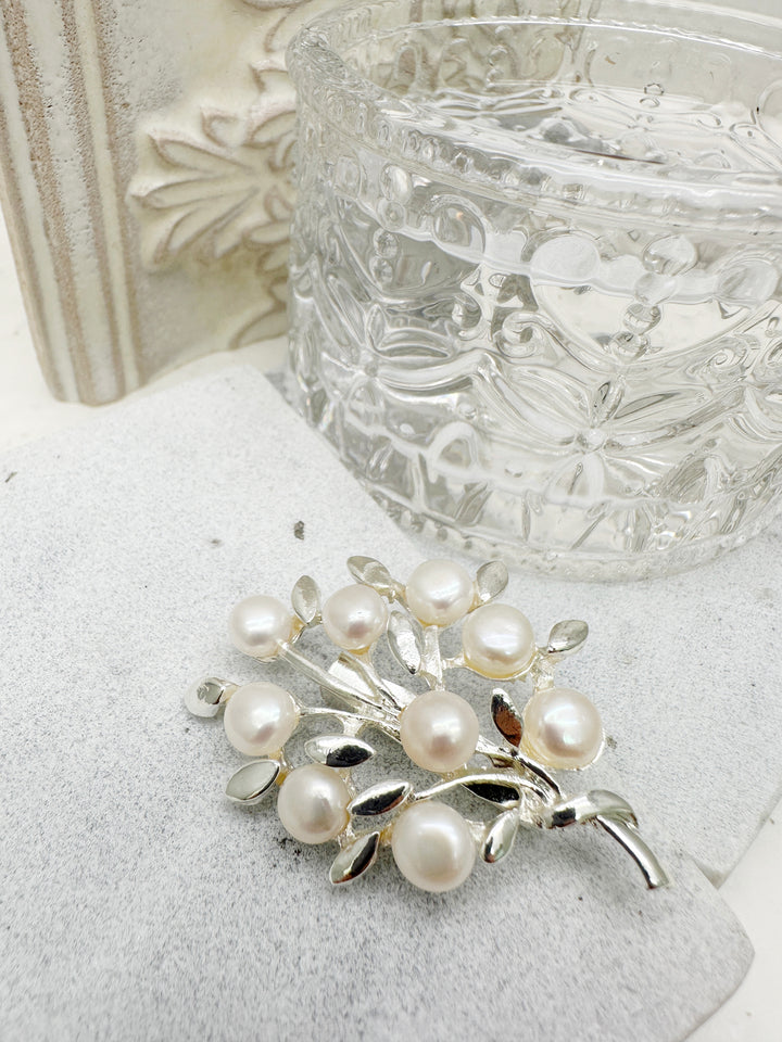 Silver Color Leaf Adorned with Freshwater Pearls Brooch LP006