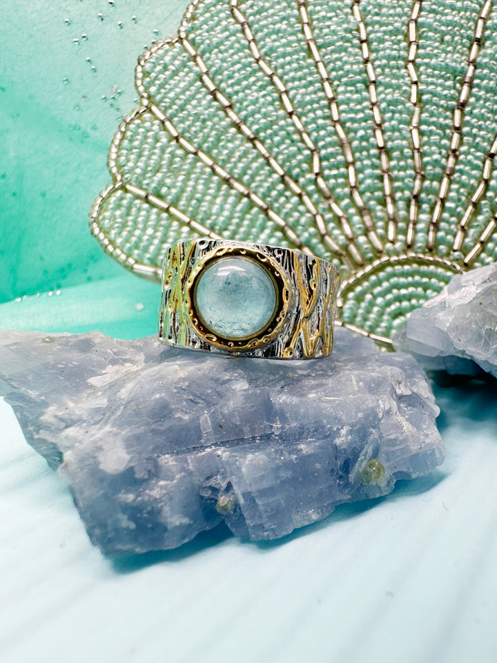 Aquamarine Stone Platinum Plated Brass Adjustable Ring LR004