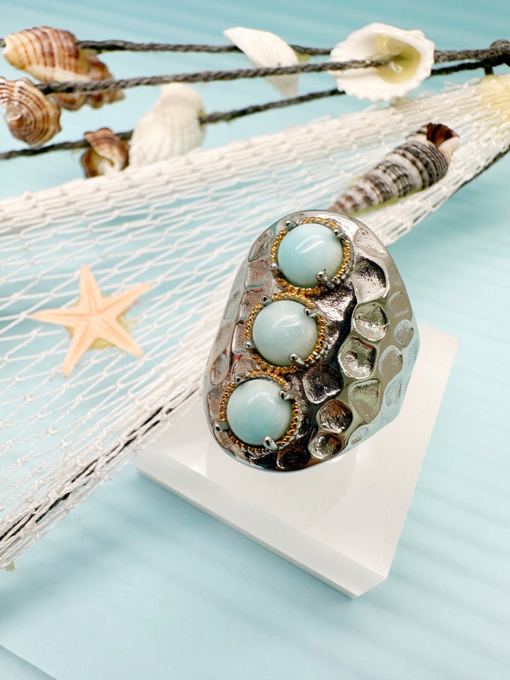 Turquoise Stones Platinum Plated Brass Adjustable Ring LR005 - FARRA