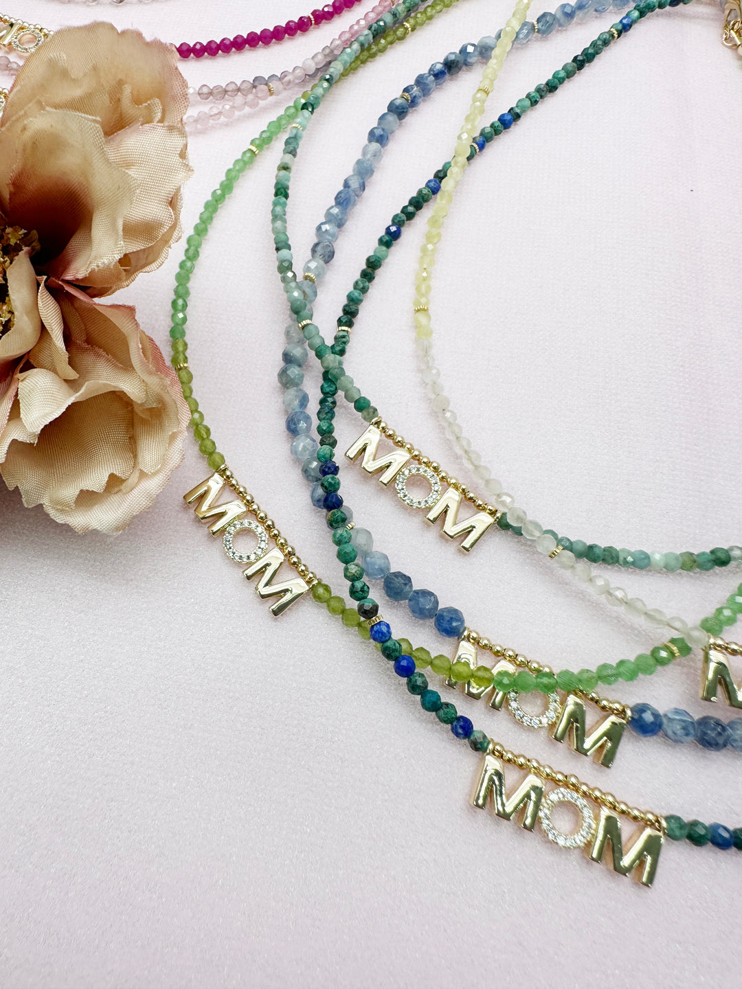 Colorful Gemstone With MOM Pendant Minimalist Necklace Mother Gift - FARRA