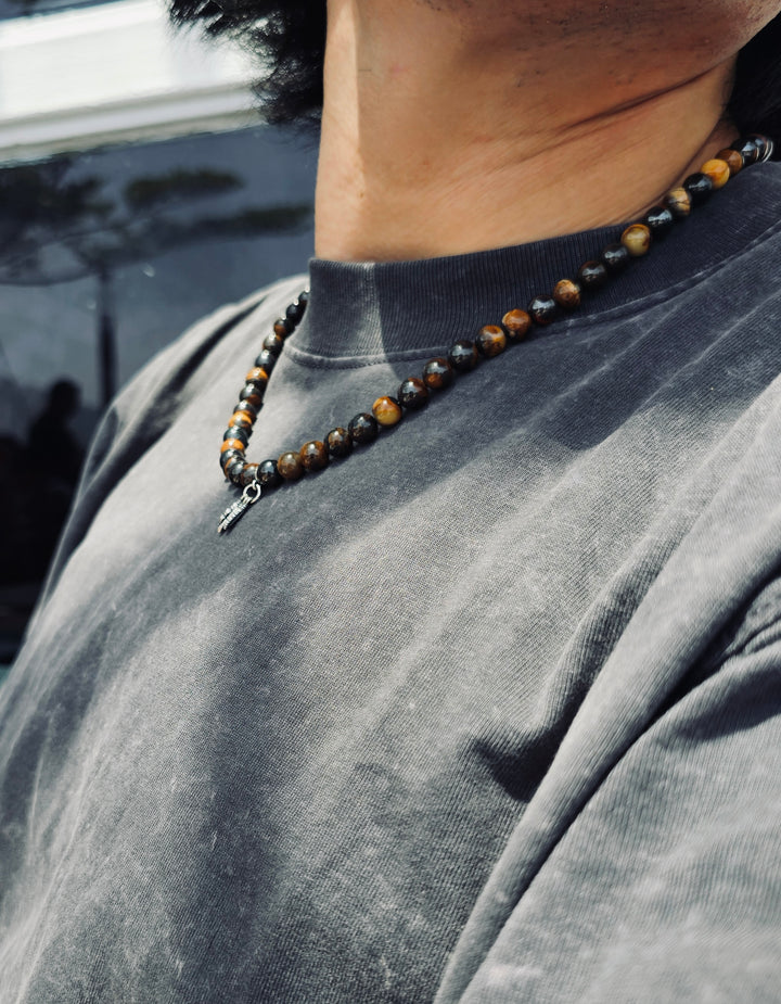 Iron Tiger-eye Stone With Silver Feather Pendant Men's Necklace MEN20