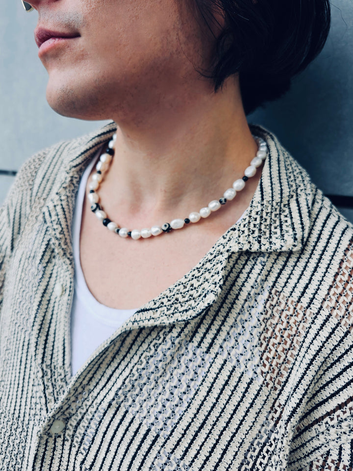 Freshwater Pearls With Black Dzi Agate Men's Necklace MEN10