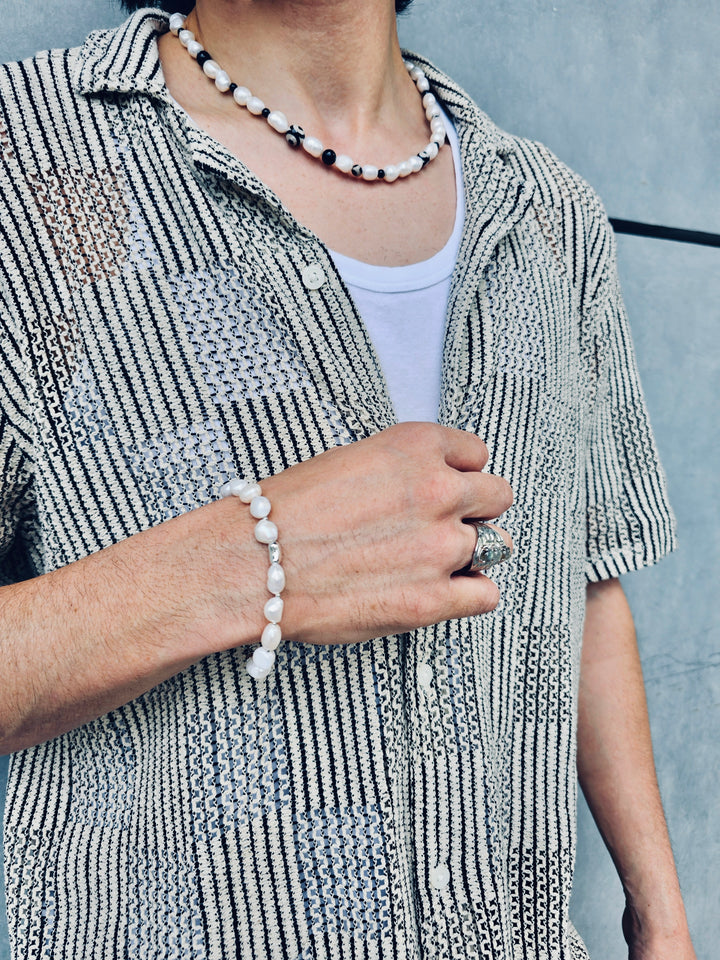 Freshwater Pearls With Black Dzi Agate Men's Necklace MEN10