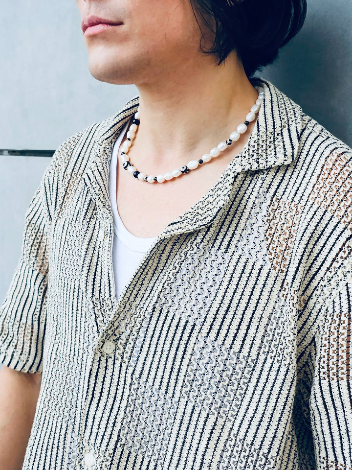 Freshwater Pearls With Black Dzi Agate Men's Necklace MEN10