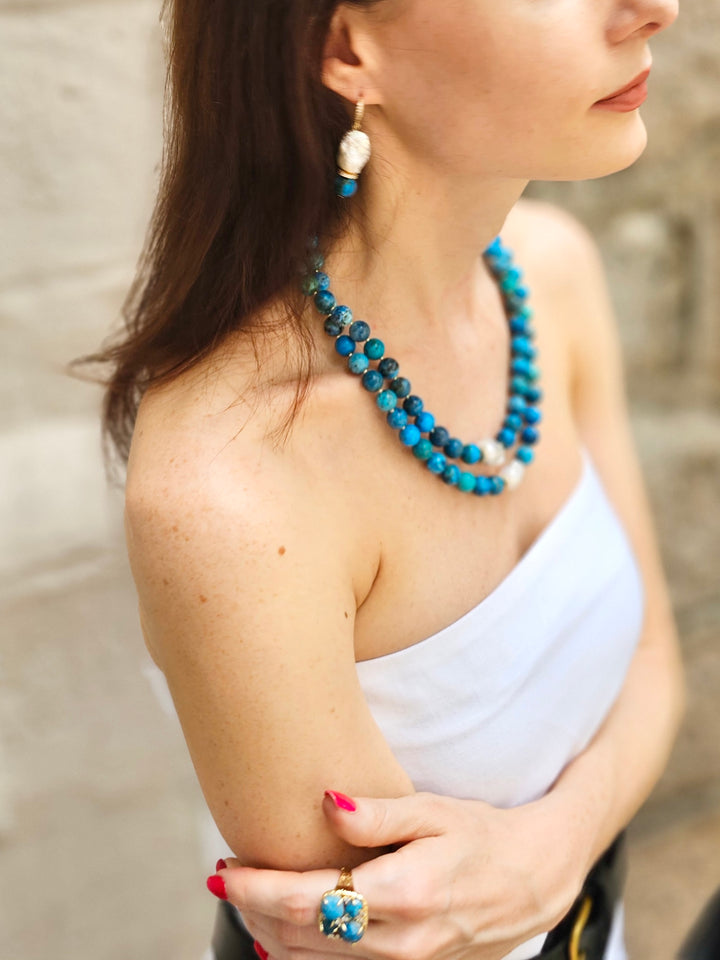 Blue Opal With Baroque Pearls Double Layers Necklace NN047