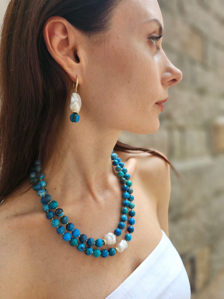 Blue Opal With Baroque Pearls Double Layers Necklace NN047