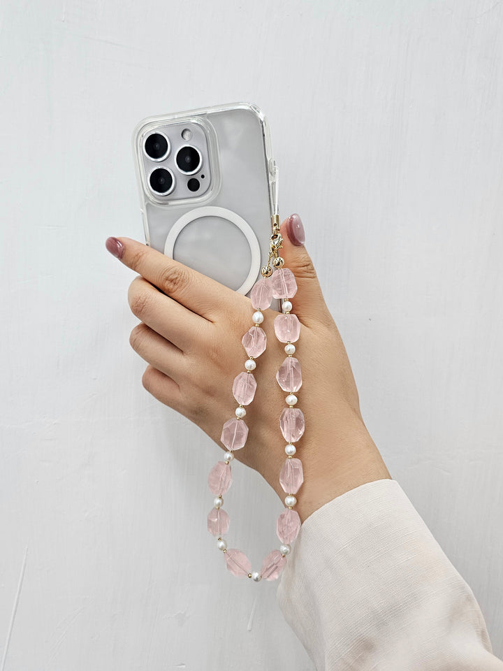 Faceted Rose Quartz With Freshwater Pearls Gemstone Phone Strap PC055