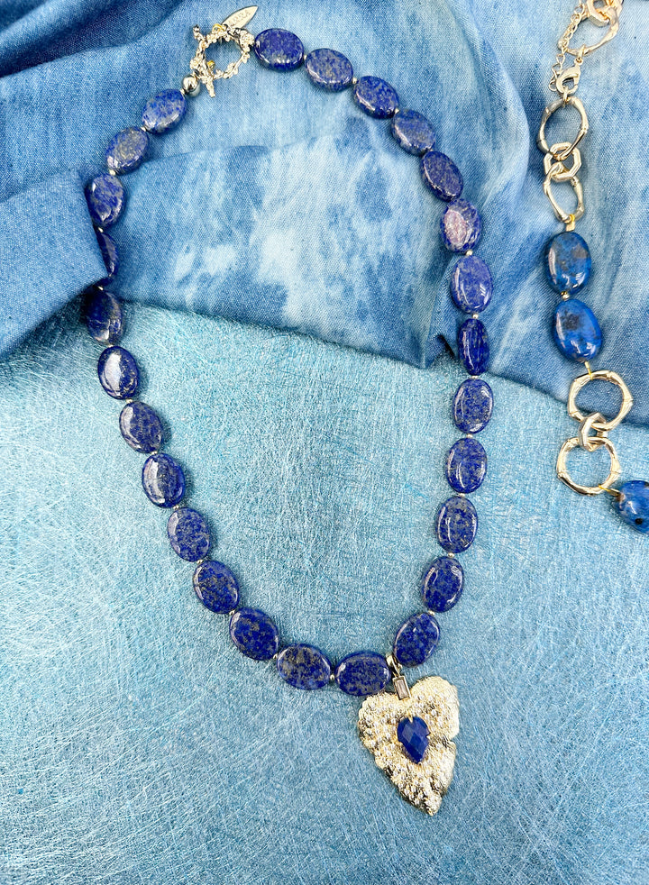 Oval Lapis With Leaf Pendant Necklace KN016 - FARRA