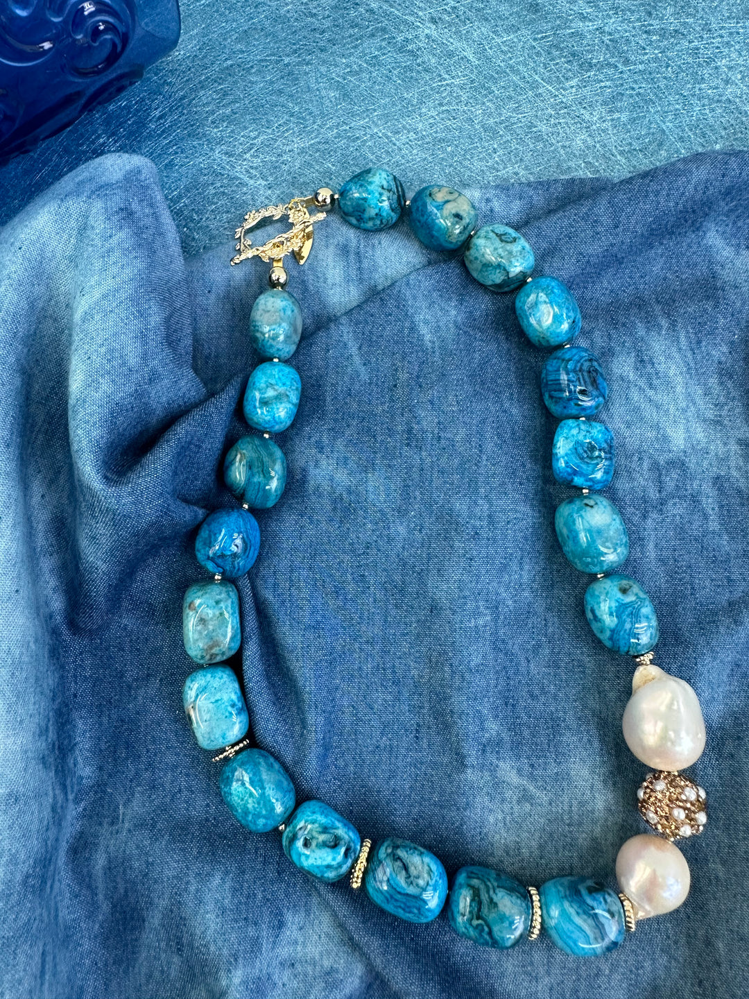 Blue Agate With Baroque Pearl Statement Necklace KN018 - FARRA