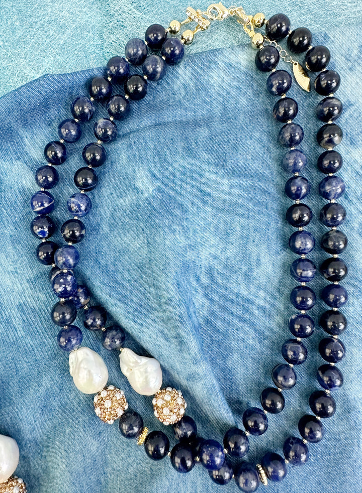 Blue Sodalite With Baroque Pearl And Rhinestones Double Strands Necklace KN019 - FARRA