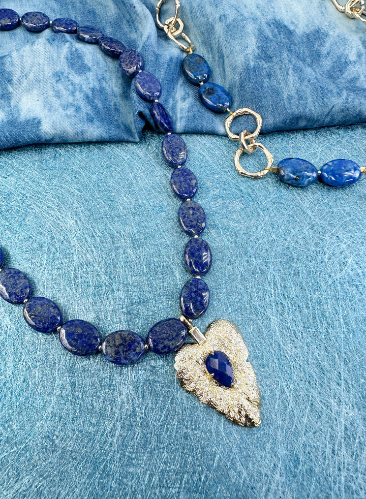 Oval Lapis With Leaf Pendant Necklace KN016 - FARRA