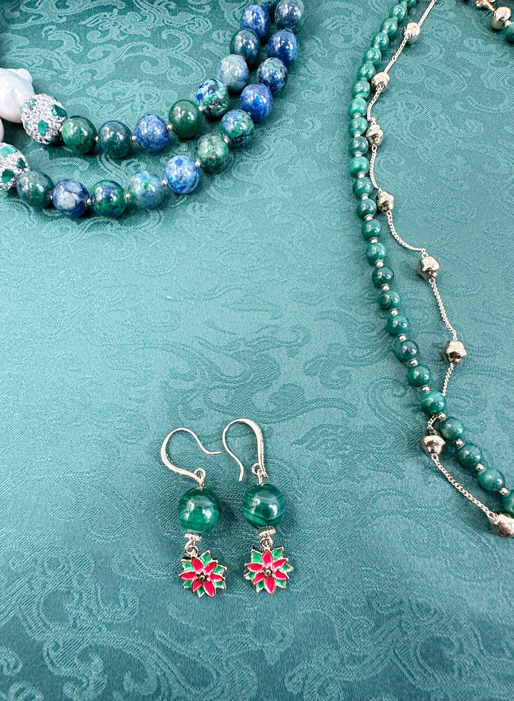 Malachite With X'mas Flower Dangle Earrings KE012 - FARRA