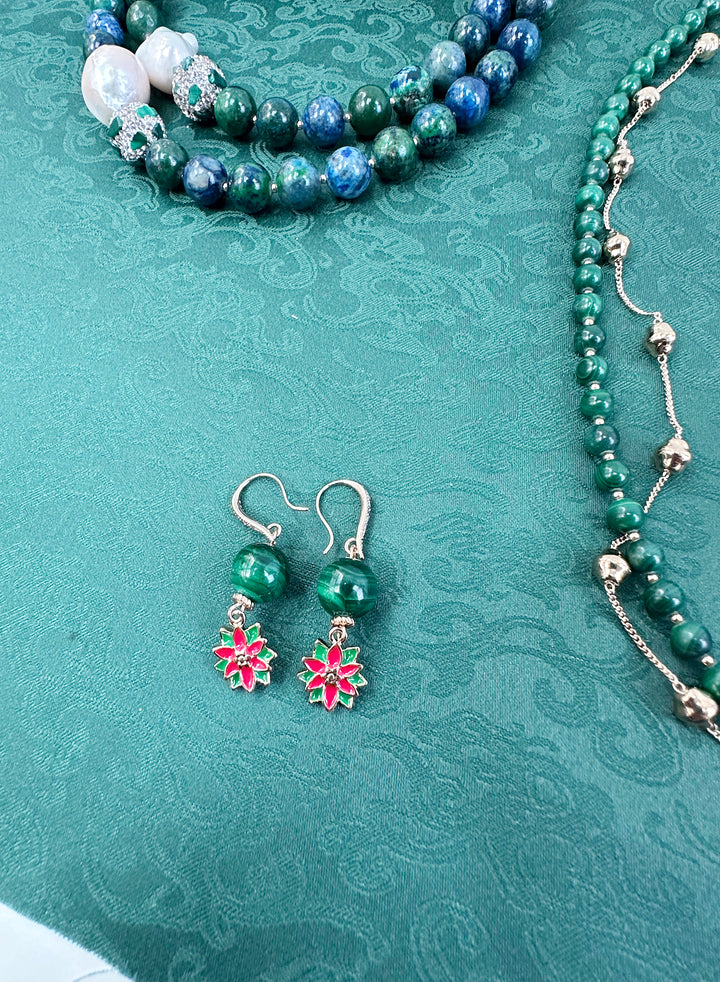 Malachite With X'mas Flower Dangle Earrings KE012 - FARRA