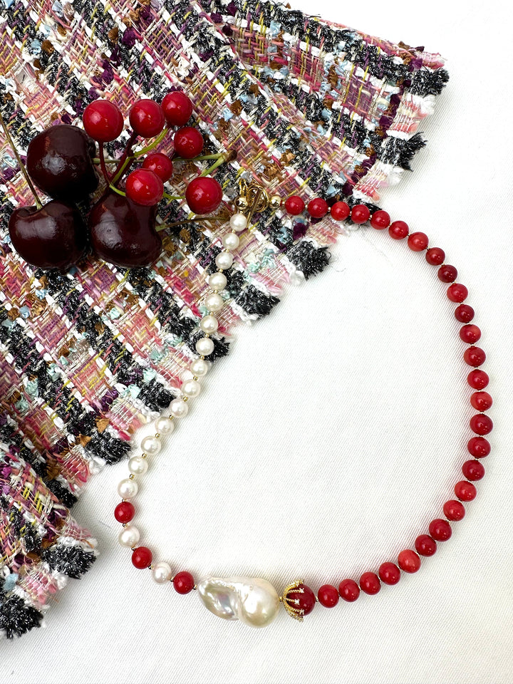 Red Bamboo Coral & Freshwater Pearls Asymmetric Necklace KN052 - FARRA