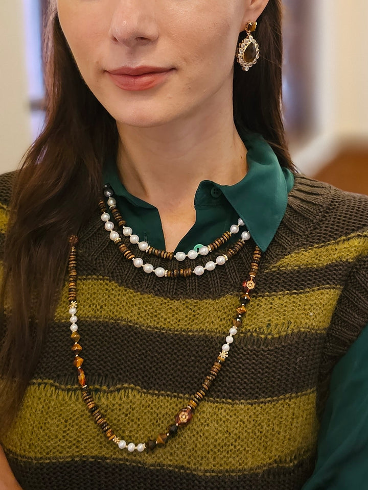 Freshwater Pearls With Tiger Eye Double Layers Necklace NN026