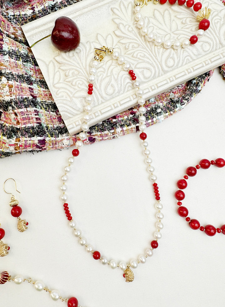 Freshwater Pearls With Red Bamboo Corals Hedgehog Charm Short Necklace KN050 - FARRA