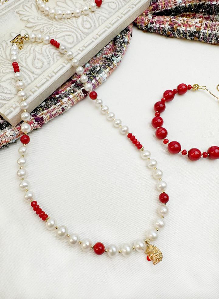 Freshwater Pearls With Red Bamboo Corals Hedgehog Charm Short Necklace KN050 - FARRA