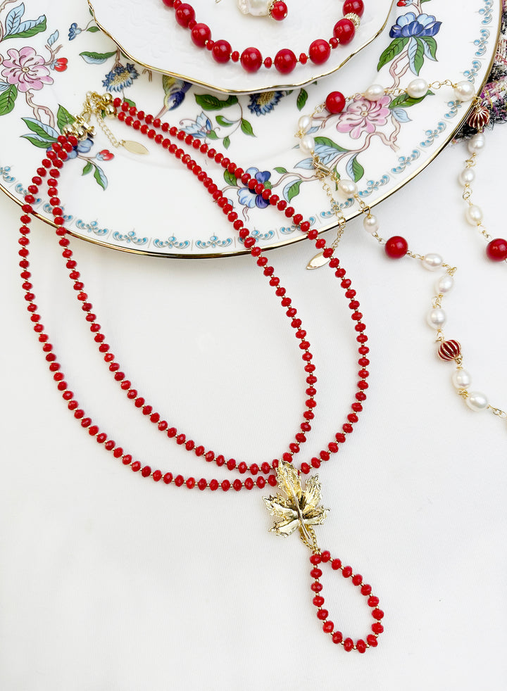 Y Shape Red Bamboo Corals Double Strands Necklace KN047 - FARRA