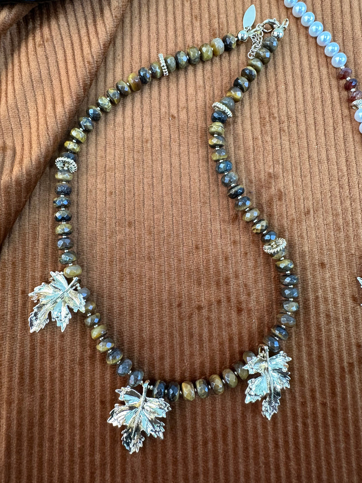 Tiger Eye Leaves Pendants Statement Necklace KN035 - FARRA