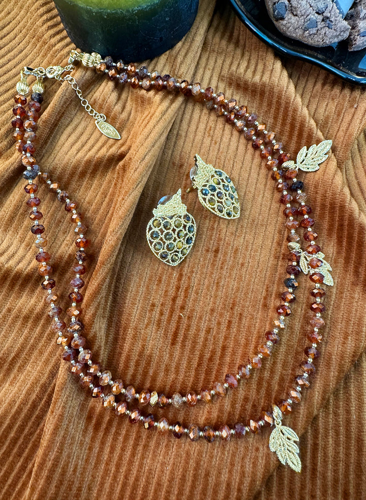 Orange Garnet With Leaves Charms Double Strands Necklace KN033 - FARRA