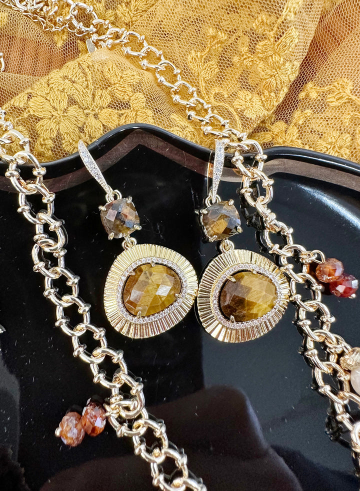 Tiger-eye Stone Teardrop Earrings KE019 - FARRA