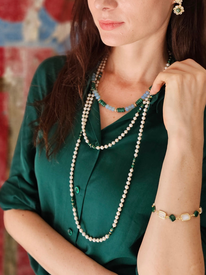 Malachite With Freshwater Pearls Versatile Long Necklace NN035