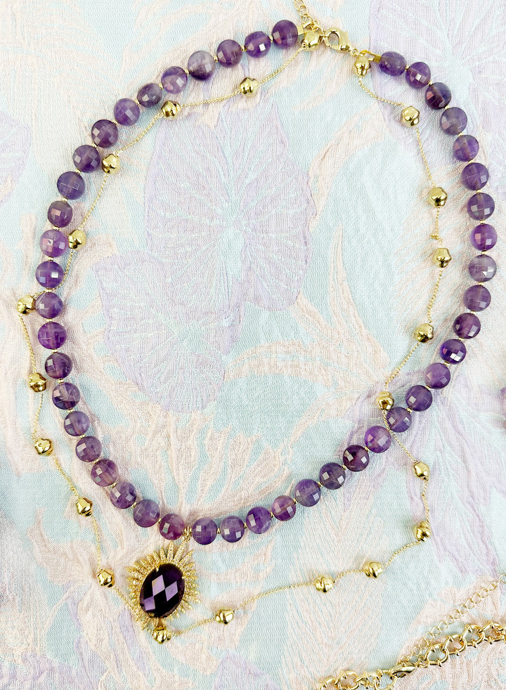 Bohemian Style Amethyst With Gold Chain Double Layers Necklace KN042 - FARRA