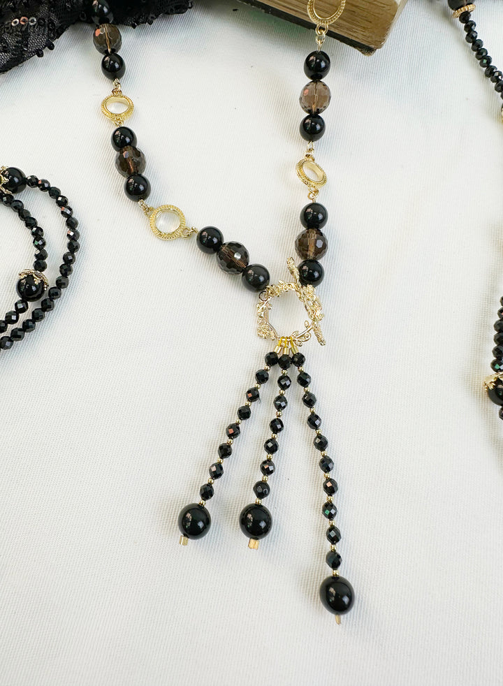 Y Shape Black Obsidian & Smoky Quartz Fringe Necklace KN053 - FARRA